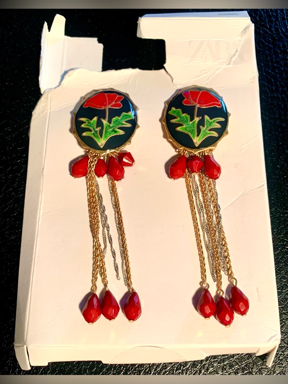 Zara Red and Green Floral Drop Earrings with Gold Chains